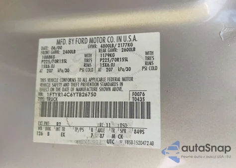 2000 Ford Ranger Xl/Xlt из США, поврежденный, VIN 1FTYR14C6YTB26750